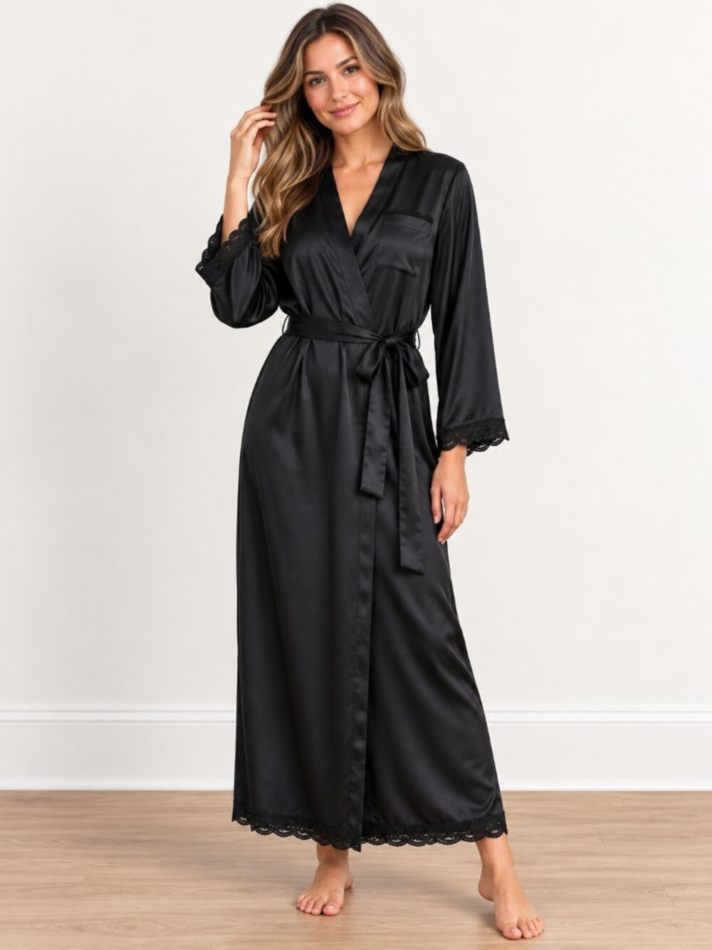 Enchanting Women’s Black Satin Robe Lace Trim Long Sleeve Belted Lingerie Small